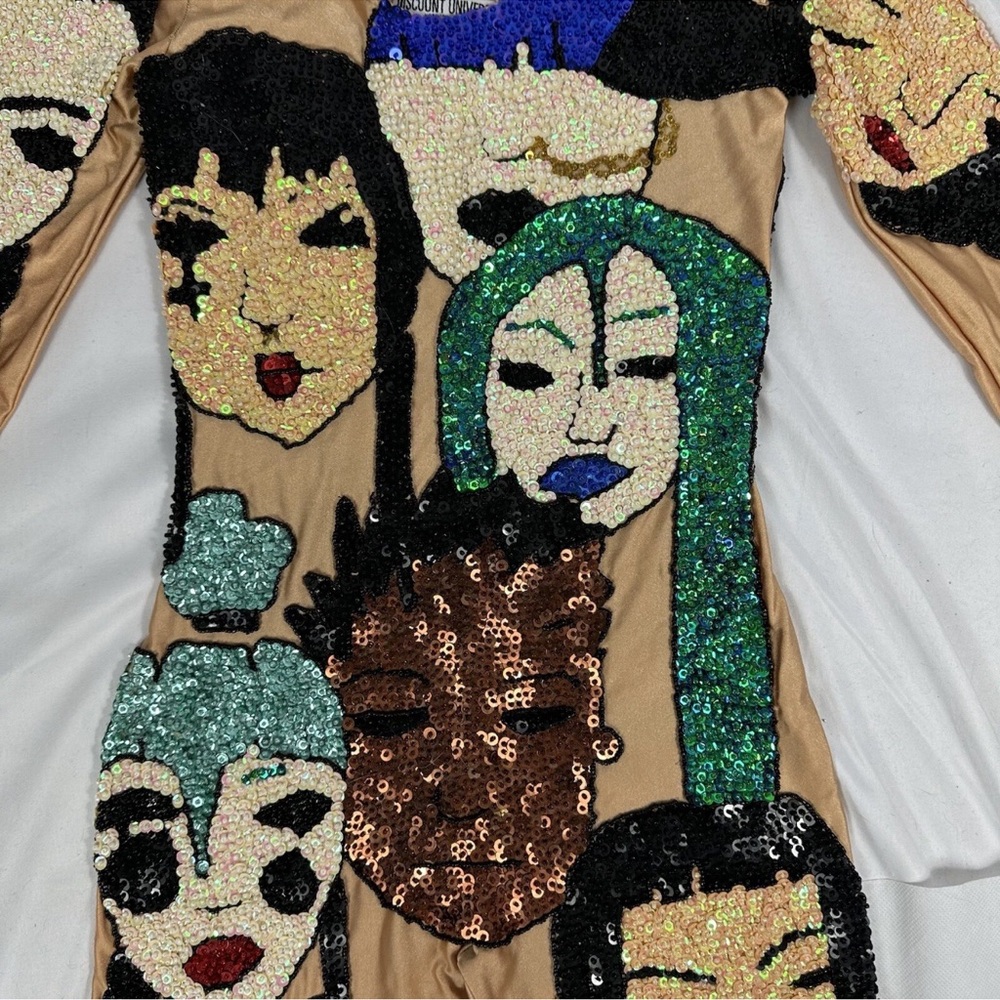 Discount Universe Sequin Nude Teal Blue Faces Bodysuit Size Small NEW With Tags - Picture 4 of 14